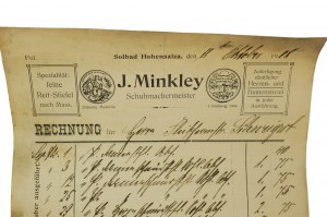 J. MINKLEY szewc [Schuhmachermeister] RACHUNEK z dnia 11.10.1908r. Inowrocław, [N]