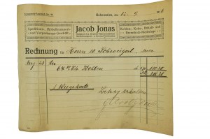 Jacob Jonas Commerce maritime, transport et emballage de meubles, INOWROCŁAW - facture 12.9.1916, [N].