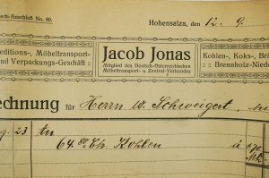 Jacob Jonas Speditionsgeschäft, Transport und Verpackung von Möbeln, INOWROCŁAW - Rechnung 12.9.1916, [N].