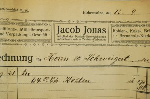 Jacob Jonas Dopravná činnosť, preprava a balenie nábytku, INOWROCŁAW - účet 12.9.1916, [N].