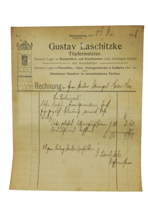 Gustav Laschitzke hrnčiarsky majster Sklad na kuchynské dlaždice, porcelán, sklo, keramiku a svietidlá Inowrocław 25.5.1916, [N].