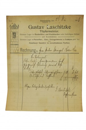 Gustav Laschitzke master potter Warehouse of stove tiles, porcelain, glass, ceramics and lamps ACCOUNT Inowrocław on 25.5.1916, [N].