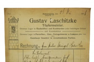 Gustav Laschitzke hrnčiarsky majster Sklad na kuchynské dlaždice, porcelán, sklo, keramiku a svietidlá Inowrocław 25.5.1916, [N].