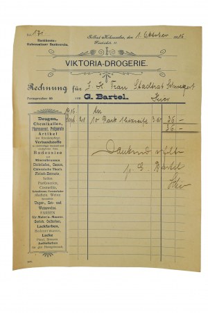 Victoria Drogerie von G. Bartel , COMPTE daté du 1.10.1916.Inowrocław , [N].