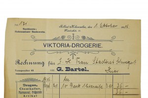 Victoria Drogerie von G. Bartel , CONTO del 1.10.1916.Inowrocław , [N].