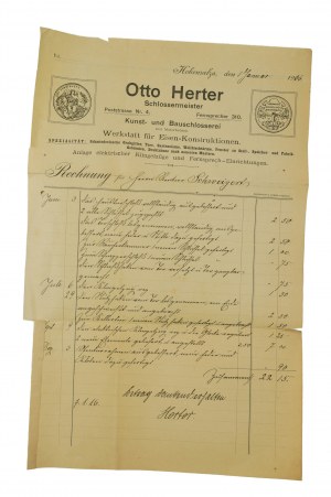 Otto Herter Schlossermeister [zámočník], železiarska stavebná dielňa INOWROCŁAW - účet január 1916, [N].