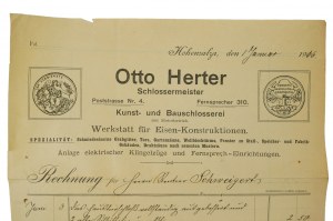 Otto Herter Schlossermeister [zámočník], železiarska stavebná dielňa INOWROCŁAW - účet január 1916, [N].