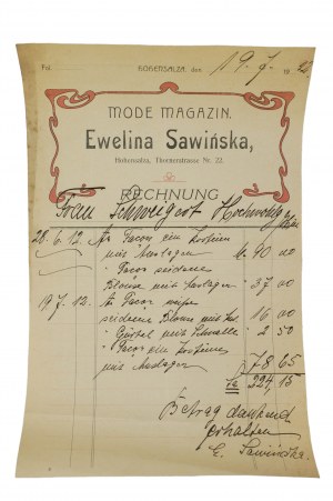 Mode Magazin Ewelina Sawinska, Hohensalza INOWROCŁAW, Thornerstrasse 22 - účet 19.7.1912, [N].