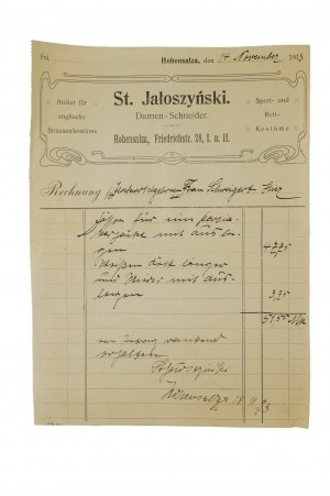 St. Jałoszyński Damen-Schneider [ladies' tailor] INOWROCŁAW Friedrichstr. 28, I. u. II., ACCOUNT dated 14.11.1913, [N].