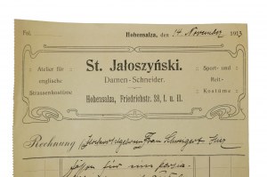St. Jałoszyński Damen-Schneider [dámský krejčí] INOWROCŁAW Friedrichstr. 28, I. u. II., ÚČET ze dne 14.11.1913, [N].