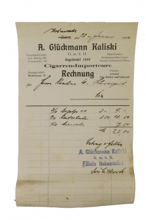 A. Glückmann Kaliski Cigarren Importeure [Dovozca cigár] ÚČTOVNÍK z 27.6.1916 Inowrocław, [N].
