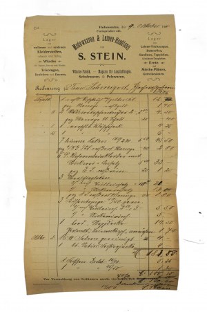 S. Stein Modewaaren & Leinen-Handlung, Wäsche fabrik [Sklad módy a bielizne, práčovňa] INOWROCŁAW - účet 9.10.1911.