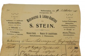 S. Stein Modewaaren & Leinen-Handlung, Wäsche fabrik [Sklad módy a prádla, prádelna] INOWROCŁAW - účet 9.10.1911.