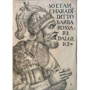 The portrait of Hayreddin Barbarossa, c. 1478 - 4 July 1546) “SOLTAN / CHARADI(N) / DITTO / BARBA/ROSSA / RE DALGE/RI” Circa 1520-30, but printed in the 19th cent.