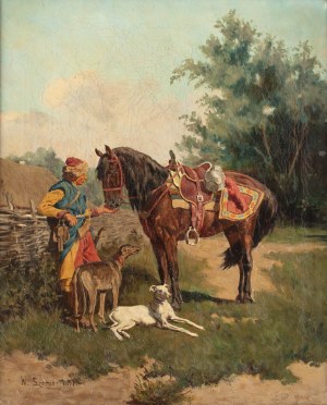 Władysław Karol Szerner (1870 Szebenice -1936 tamże), Pandur ze swoim koniem i dwoma psami