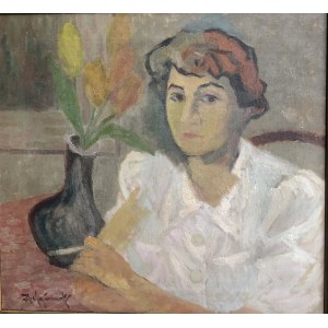 Alfons Chojnacki, Porträt einer Frau mit Tulpen