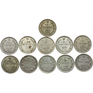 Rosja, zestaw 11 monet 5-cio kopiejkowych 1888-1912