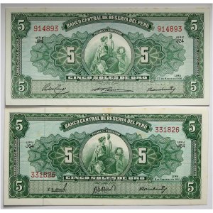 Peru, zestaw 2 banknotów 5 soli 1962