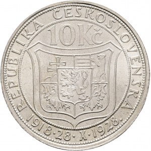 10 CZK 1928 Srebrna 10 rocznica niepodległości Pierwsza Republika Czeska T.G.Masaryk