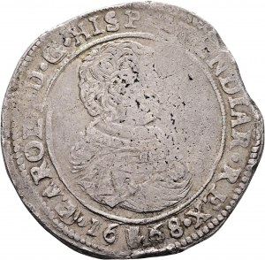 1 Ducaton 1668 KAREL II. Španielske Holandsko, Flámsko, prvá detská busta Bruggy