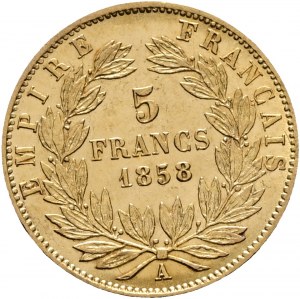 Złote 5 franków 1858 A NAPOLEON III. Ręka