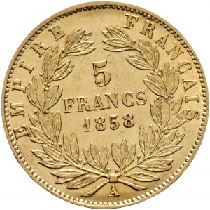 Oro 5 Franchi 1858 A NAPOLEONE III. Mano