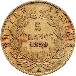 Oro 5 Franchi 1859 A NAPOLEONE III. Mano