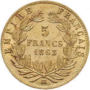 Zlatý 5 frankov 1863 BB NAPOLEON III. Kríž