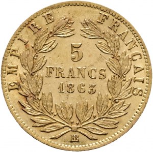 Złote 5 franków 1863 BB NAPOLEON III. Krzyż