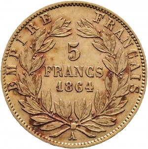 Oro 5 Franchi 1864 A NAPOLEONE III. Vola