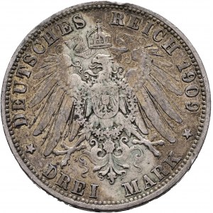 Bavorsko 3 marky 1909 D König OTTO patina