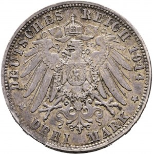 Bavaria 3 Mark 1914 D König LUDWIG III. Patina