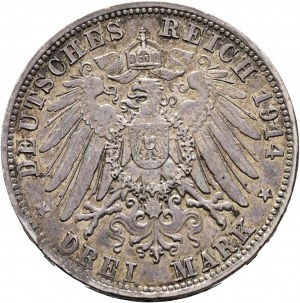 Bavière 3 Mark 1914 D König LUDWIG III. Patine