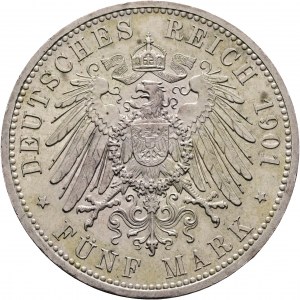 Prussia 5 marchi 1901 A WILHELLM II. Patina 200° Anniversario del Regno di Prussia