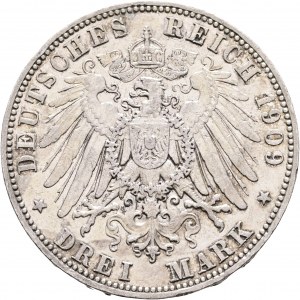 Sasko 3 marky 1909 E FRIDRICH AUGUST König von Sachsen Muldenhütten