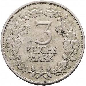 Weimarer Rep. 3 Mark 1925 E 1000. Abnutzung des Rheinlandes