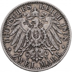 Württemberg 2 Mark 1898 F Koenig WILHELM II. Patina