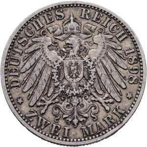 Württemberg 2 Mark 1898 F Koenig WILHELM II. Patina