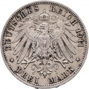 Wuerttemberg 3 Mark 1911 F König WILHELM II. et CHARLOTTE Noces d'argent
