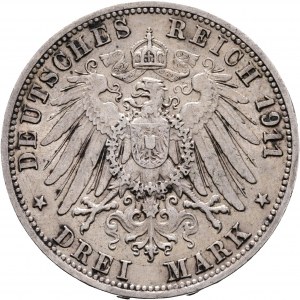 Wuerttemberg 3 Mark 1911 F König WILHELM II. i CHARLOTTE Srebrna rocznica ślubu