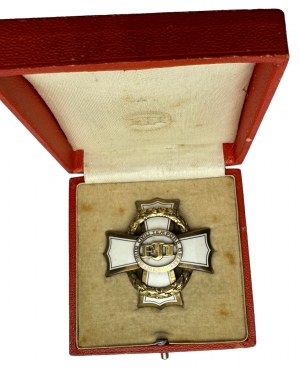 Austria Ungheria Francesco Giuseppe I. Croce di guerra al merito civile in argento dorato, punzone, etue originale