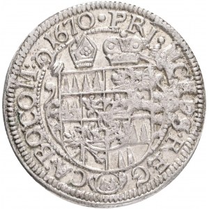 3 Kreuzer 1670 CHARLES II. Liechtenstein-Kastelkorn Biskupstvo Olomouc mimoriadny exemplár