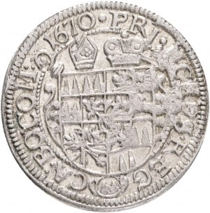 3 Kreuzer 1670 CHARLES II. Liechtenstein-Kastelkorn Biskupstwo Ołomuniec niezwykły okaz