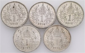 Austria Lot 5 coins 1 Corona 1912-1916 Schwartz Franz Joseph I.