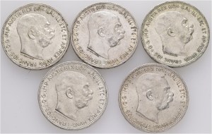 Rakúsko Lot 5 mincí 1 Corona 1912-1916 Schwartz Franz Joseph I.