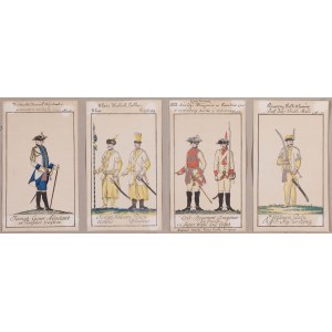 Štyri karty s vyobrazením uniforiem poľskej armády z čias Stanislava Augusta
