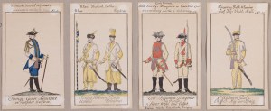 Vier Karten mit Darstellungen von Uniformen der polnischen Armee aus der Zeit von Stanisław August