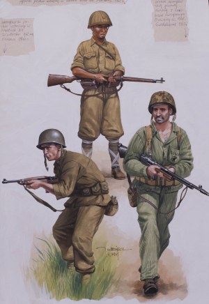 Jarosław Wróbel (né en 1962), Illustration des uniformes de soldats américains et d'un fantassin japonais des années 1940, 2005.