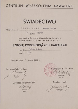 Certificates of graduation from the Cavalry Cadet School