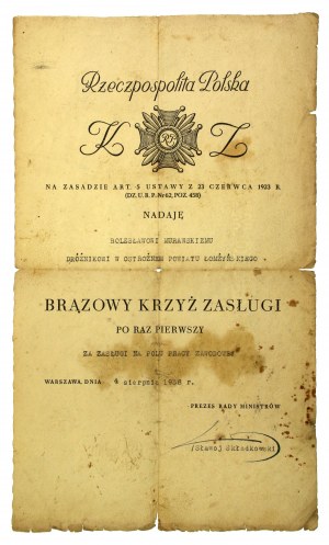 Diplôme de la Croix de bronze du mérite pour un gardien du district de Łomża 1938 (405)
